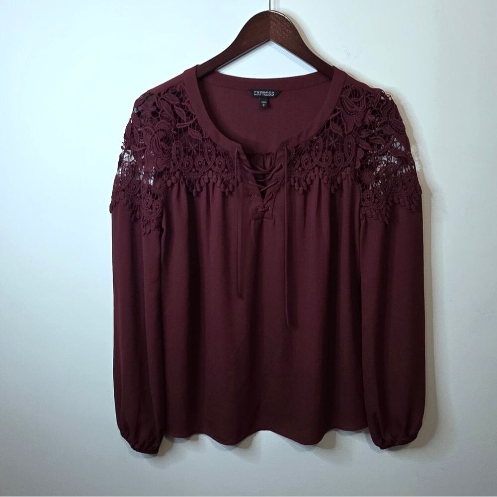 Express Maroon Long Sleeve Top Embroidered Trim Size Small